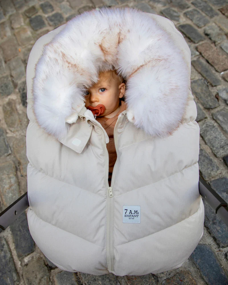 7AM Car Seat Cocoon Tundra - Heather Beige - White Faux Fur - Image 7