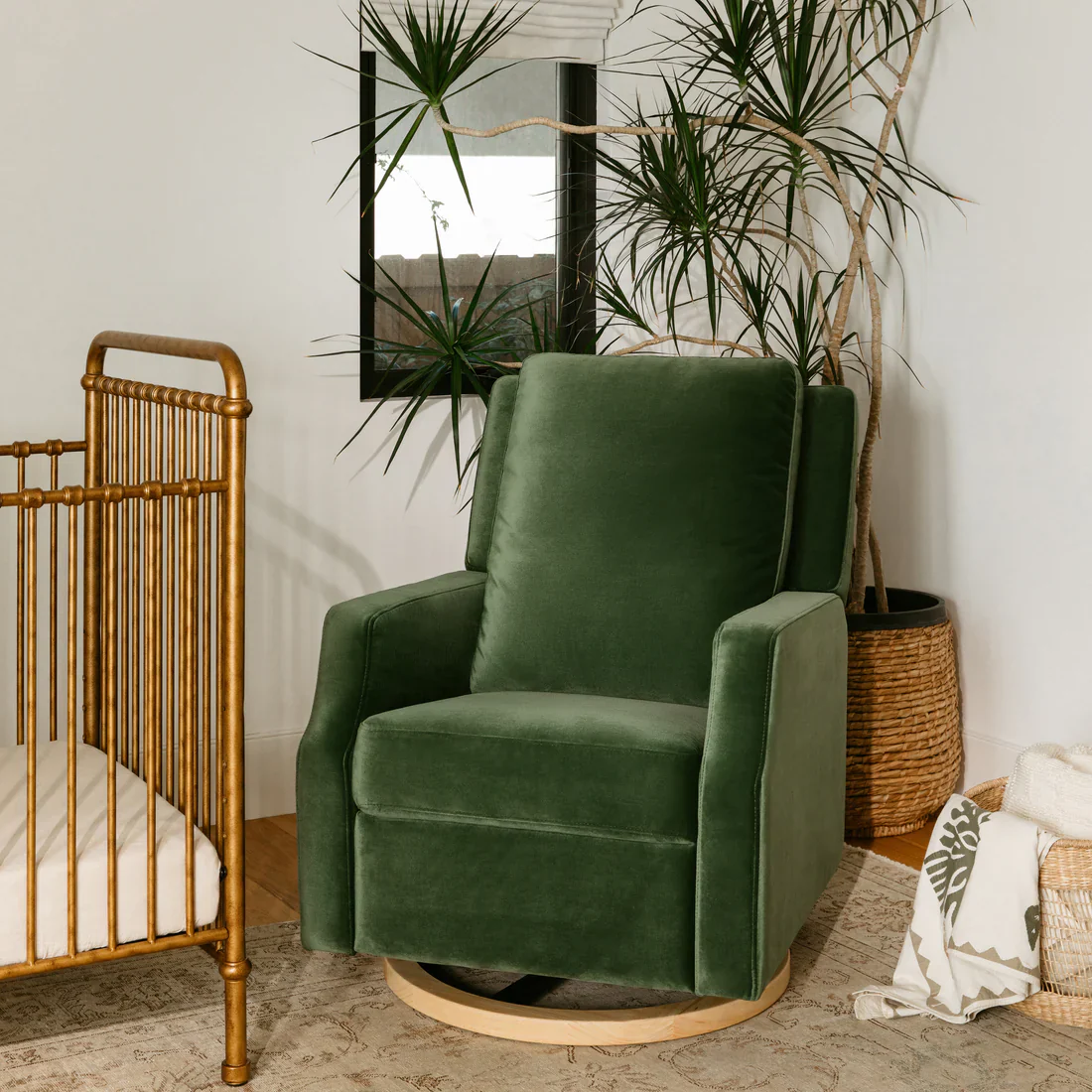 Crewe Recliner and Swivel Glider in Forest Green Velvet w/Light Wood Base - Image 11