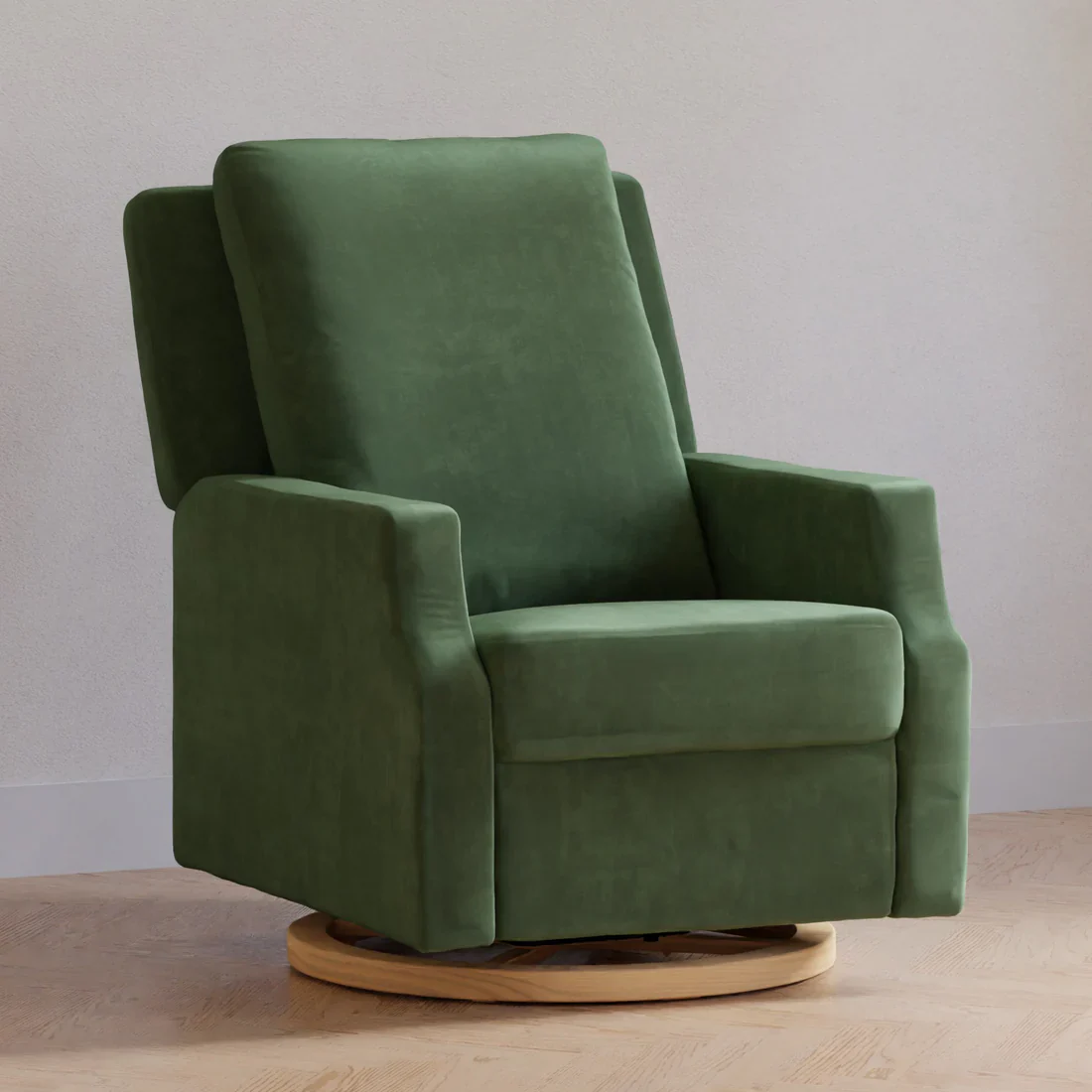 Crewe Recliner and Swivel Glider in Forest Green Velvet w/Light Wood Base - Image 2